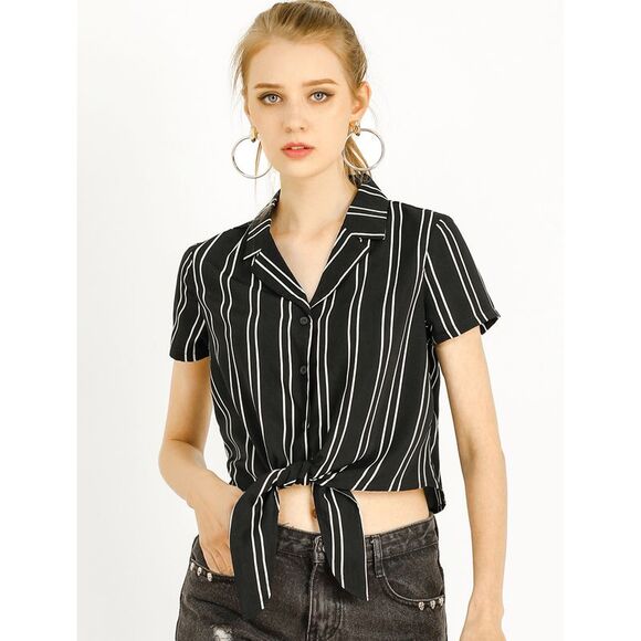 Striped Lapel Collar Top Short Sleeve Tie Front Crop Shirt Black - Picture 2 of 6